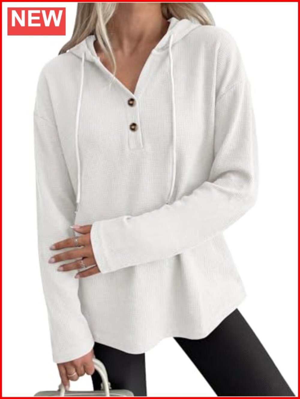 Waffle Knit Hoodie Women Loose Fit V Neck Button Drawstring Sweatshirt